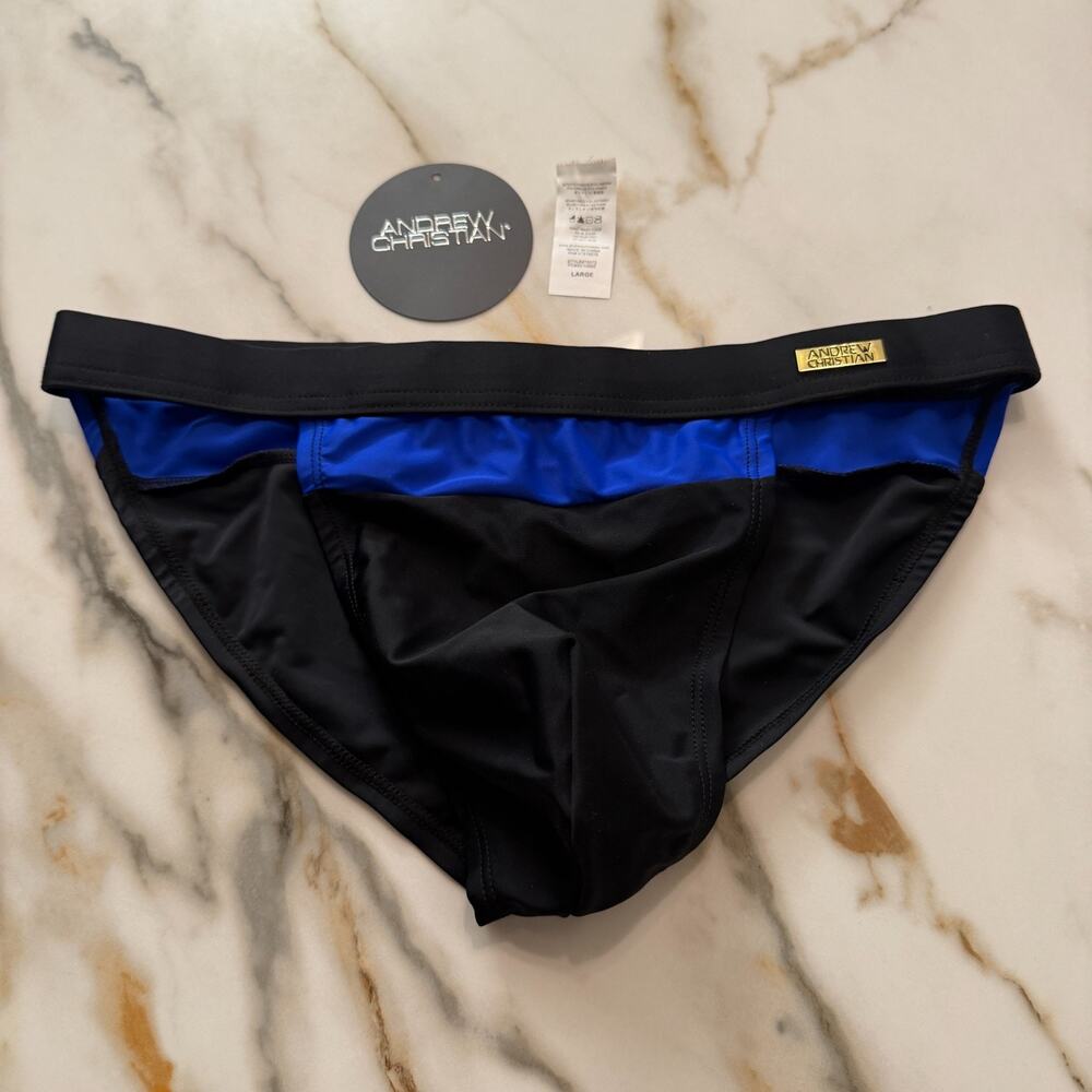 NEW Andrew Christian Mens Horizon Swim Bikini Brief Color Black Size Large